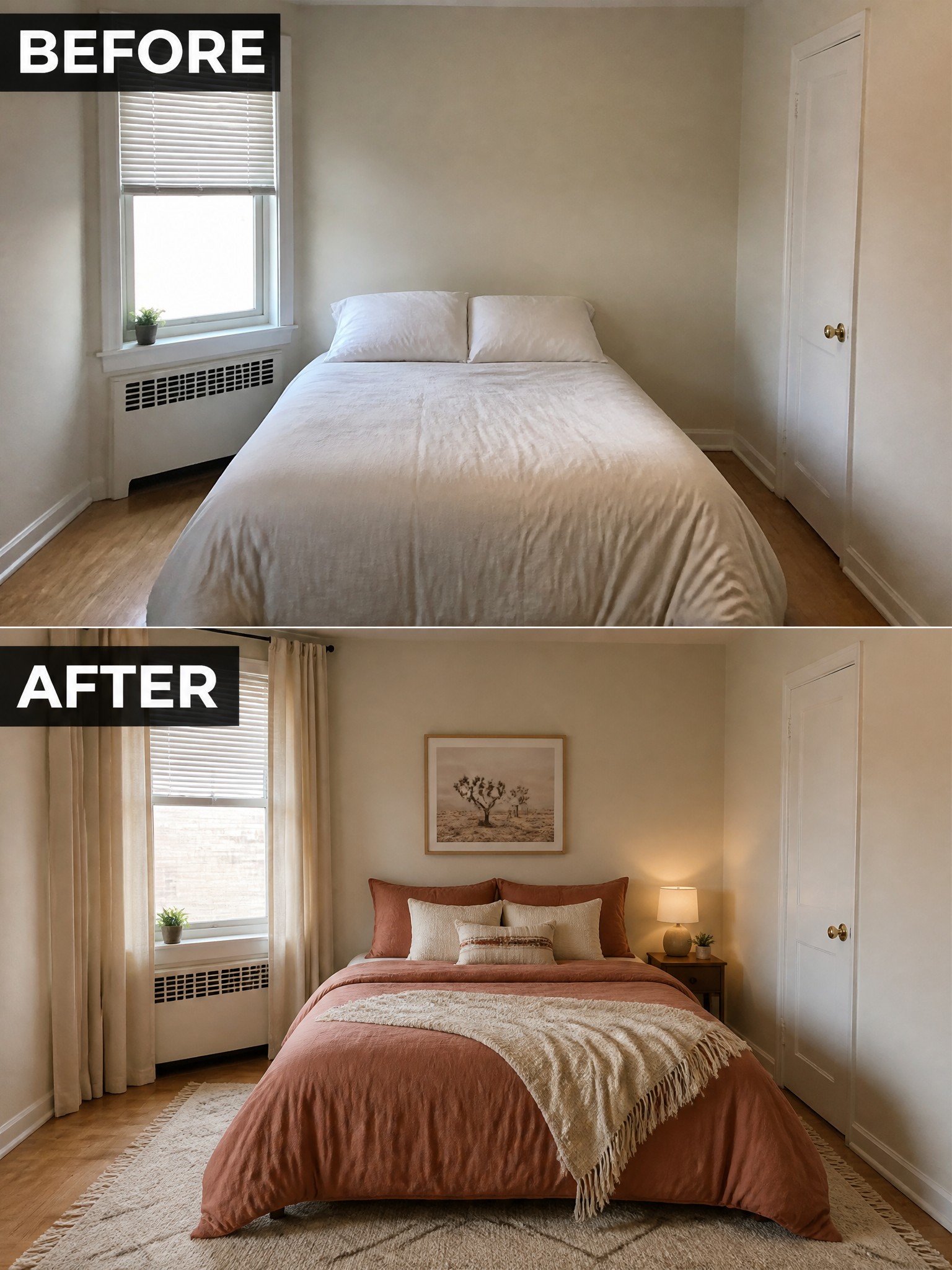 A bedroom transformation featuring a warm, styled bed with earthy tones and decorative elements.