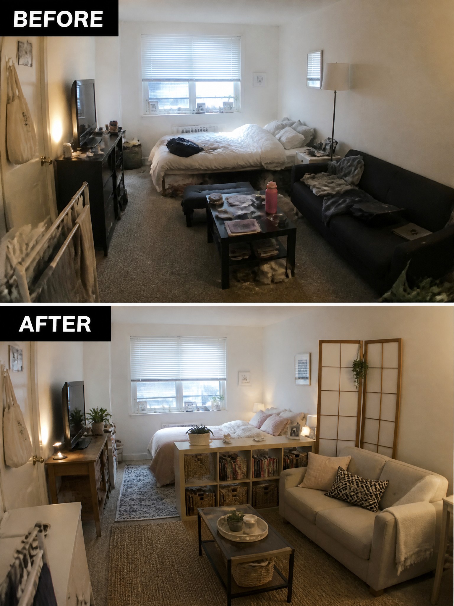 Before-and-after transformation of a bedroom, featuring a cozy, organized space with neutral colors.
