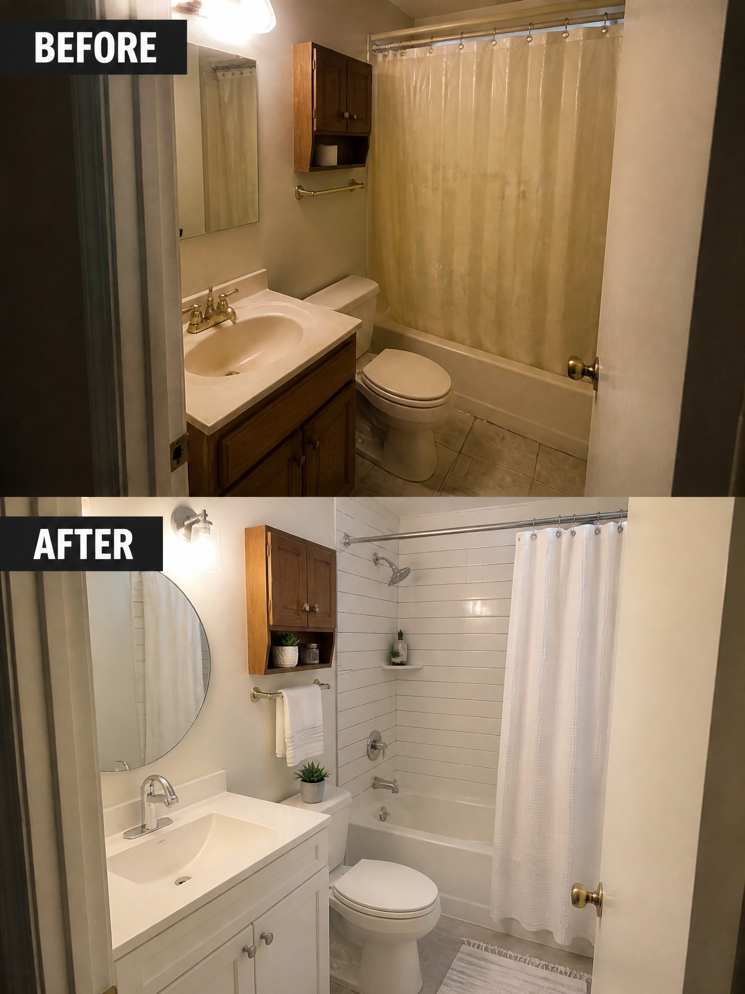 Before-and-after image of a small bathroom refreshed with a white vanity, round mirror, white subway tile, and updated lighting.