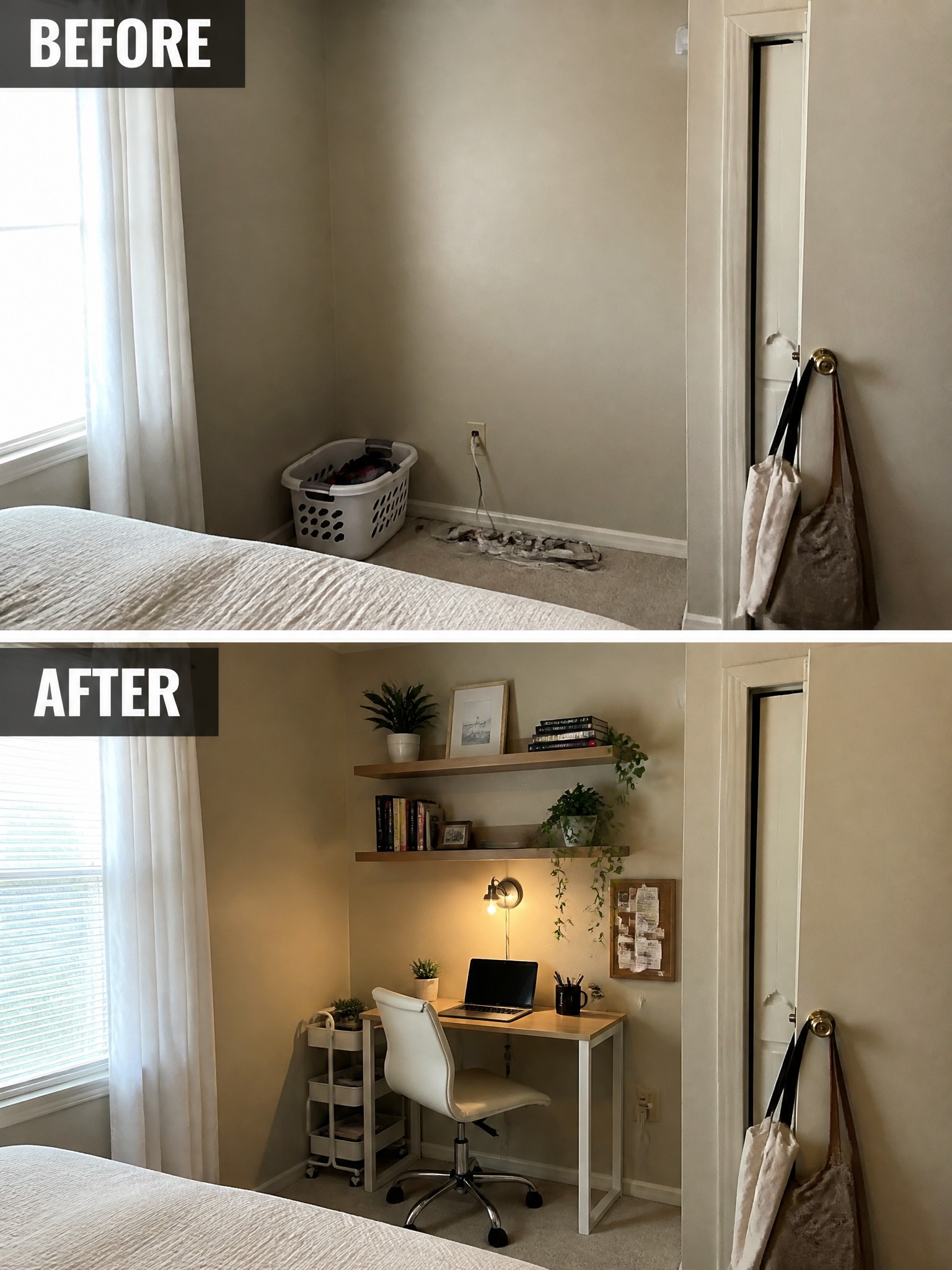 Before and after of a room corner; cluttered space transformed into a stylish workspace.