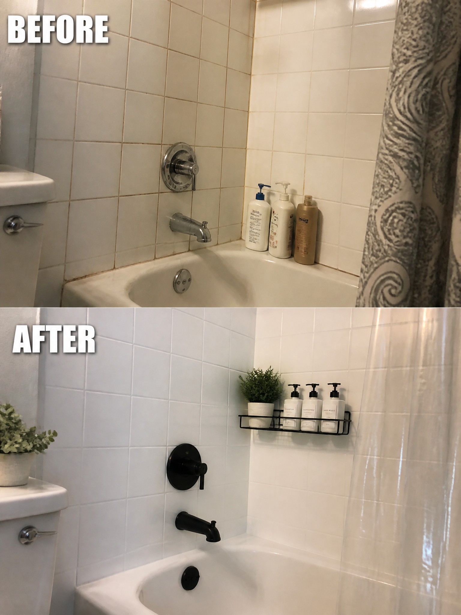 Before-and-after image of a bathroom with chrome fixtures replaced by black ones and a wall shelf added for toiletries and a plant.
