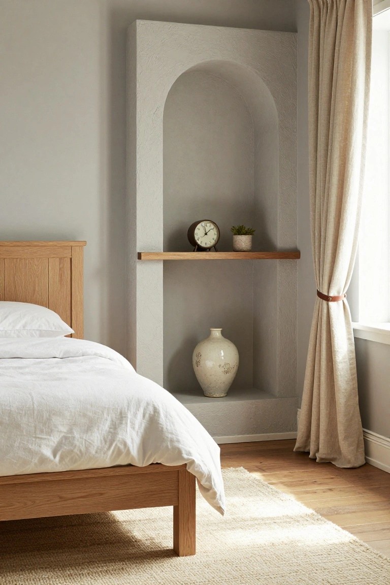 Bedroom with oak bed frame and white linens, arched white plaster wall niche with oak shelf holding brass clock, potted plant, and ceramic vase, beside window with beige linen curtains, on wood floor with seagrass rug.