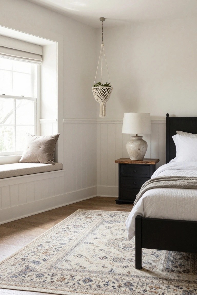 Corner of a bedroom featuring a white built-in window seat with taupe cushions and pillows, adjacent to a black wood bed frame with white linens, white shiplap walls, a wood nightstand with ceramic lamp, hanging plant, and light wood floors with a beige rug.