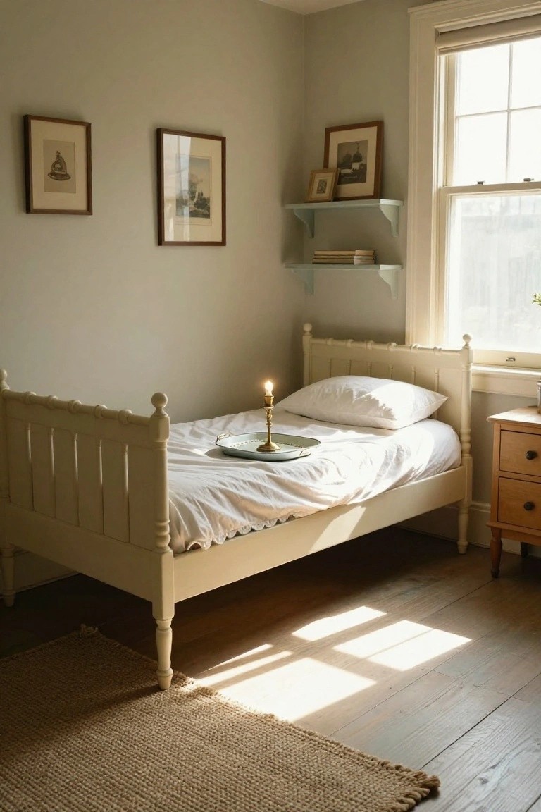 A narrow white wooden spindle bed with turned posts in a corner bedroom, white linens on the mattress, a lit candle on a silver tray atop the bed, pale green walls, framed nautical prints, a wooden nightstand, and natural light from a large window.
