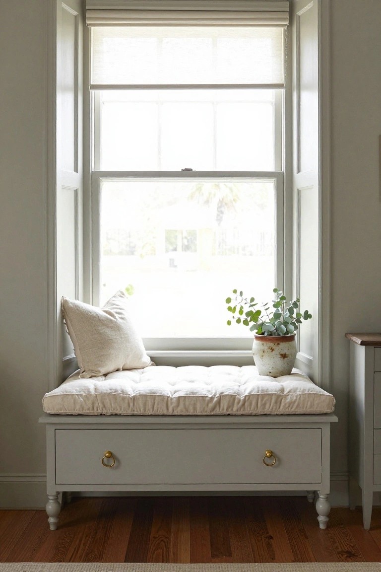 Gray upholstered bench under a tall sash window with beige tufted cushion, fringed pillow, potted eucalyptus plant on bench, wooden side table nearby, light wood floor, beige walls.
