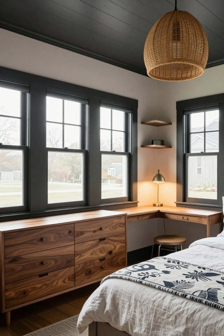 Corner of a bedroom featuring a wooden low dresser extending into a desk with drawers, a desk lamp, wood stool, bed with white quilted bedding, black window frames, and a rattan pendant light overhead.