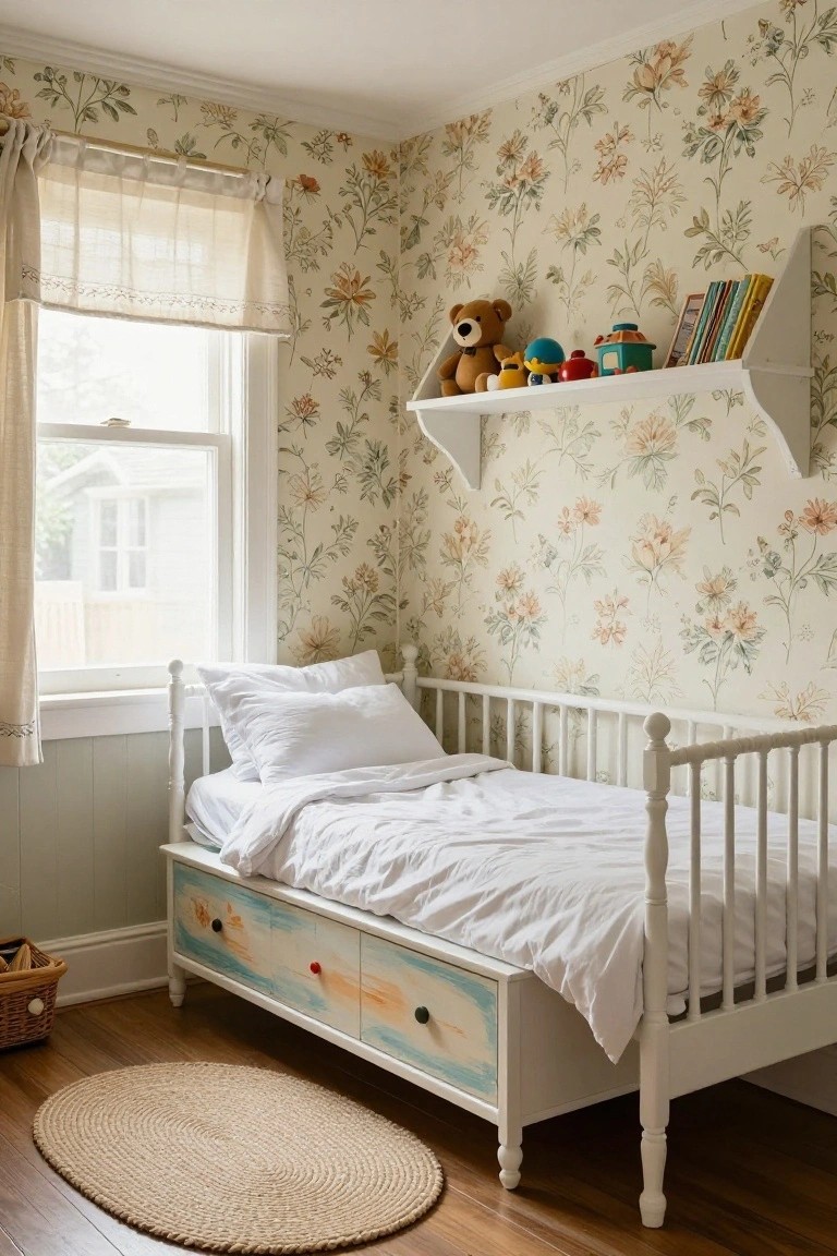 A cozy child's bedroom with beige floral wallpaper on the walls, a white wooden toddler bed with blue painted drawers and wave designs, toys and books on a white wall shelf, sheer curtains on the window, and a seagrass rug on the hardwood floor.