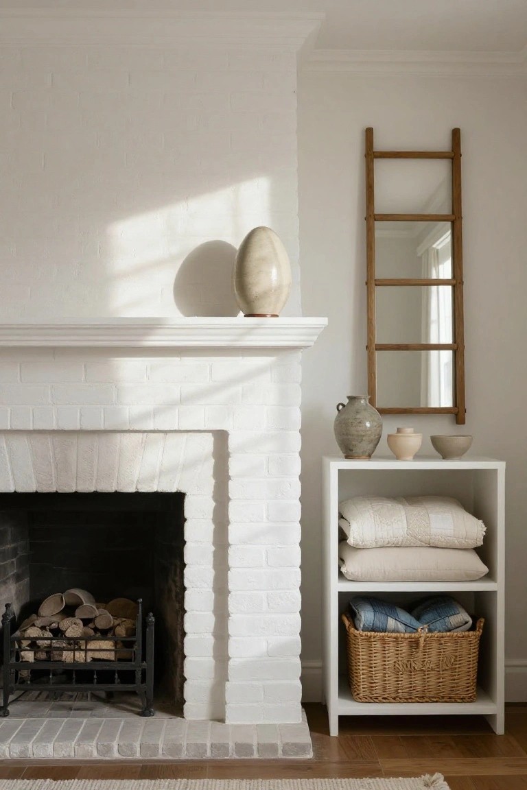 White brick fireplace with logs in a black fireguard, mantel holding ceramic pottery pieces, a white open shelving unit stocked with folded blankets and a wicker basket next to it, and a tall wooden ladder mirror mounted on the adjacent wall.