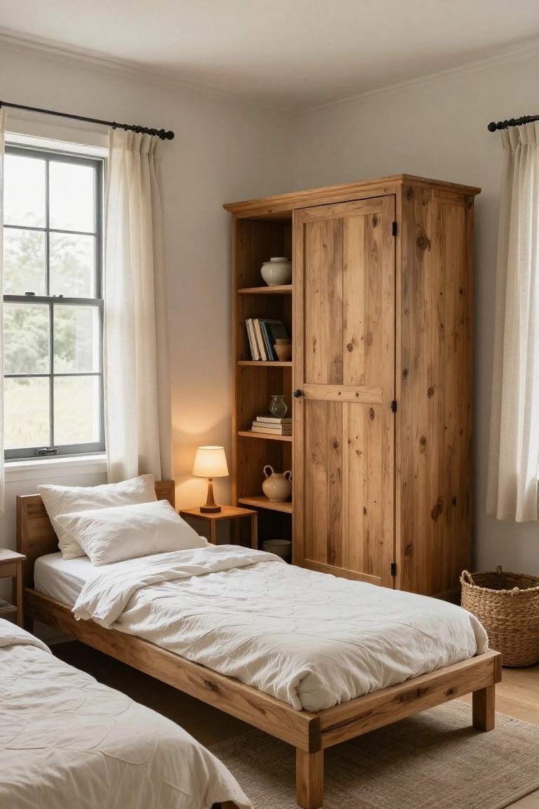 A light-filled bedroom with two low wooden single beds draped in white linens, a tall rustic wooden armoire with open shelves holding books and pottery, a bedside table with lamp, sheer curtains on the window, and a wicker basket nearby.