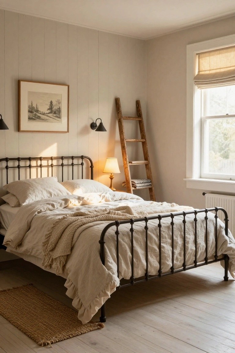 A bedroom with beige shiplap walls, black metal bed frame draped in white linen bedding and throws, wooden ladder shelf beside the bed holding books and folded fabrics, wall lamps, and a window with beige roman shade.
