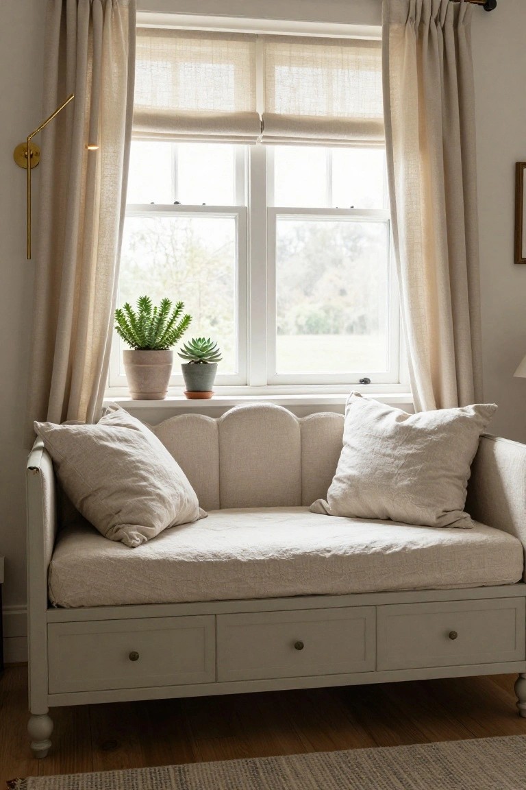 Beige upholstered daybed with scalloped back and white linen pillows positioned under a large window with sheer curtains and Roman shade, two potted succulents on the sill, drawers under the seat, in a neutral room with hardwood floors.