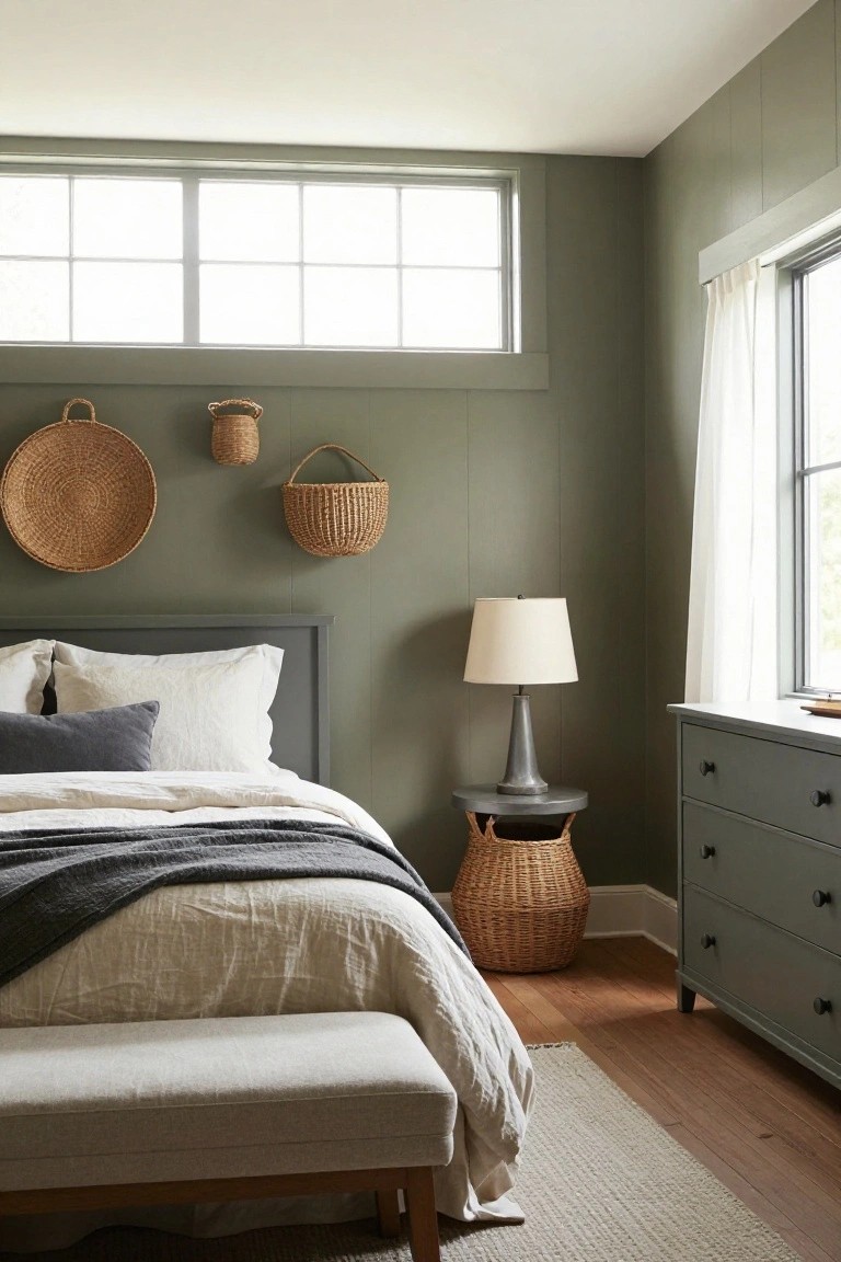 Sage green vertical board-and-batten walls in a bedroom with multiple woven baskets hung above a gray upholstered bed topped with white linens and gray throw, gray bedside table with lamp and basket, wood dresser, upholstered bench, hardwood floors, seagrass rug, and large windows with white curtains.