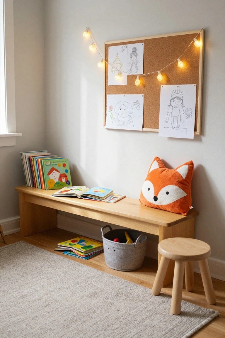 Indoor children's reading corner with light wooden bench holding colorful books and orange fox plush pillow, corkboard wall with kids' drawings and string lights, gray basket of toys under bench, small wooden stool on gray rug.