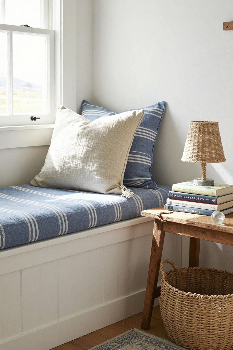White built-in window bench with blue striped cushion and cream pillows, beside a wooden table holding stacked books, a wicker lamp, and a glass orb, with a wicker basket below in a white room.