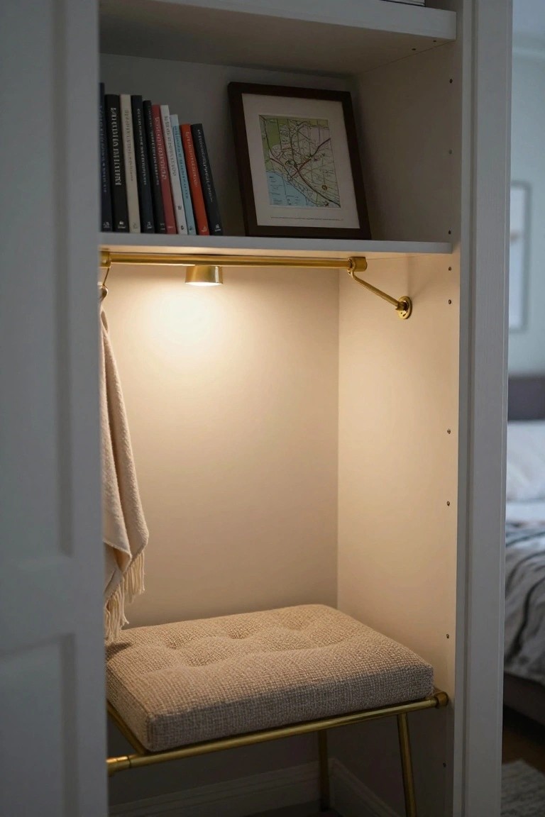 Open white closet with upper shelves holding books and a framed map, gold hanging rod with puck light, beige towel hanging from a hook, and low tufted beige bench on gold legs at the bottom.