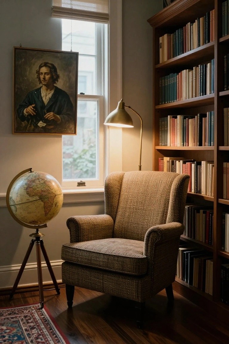 Patterned armchair positioned next to wooden bookshelves in a corner room with a globe stand, brass lamp, portrait painting, and window.