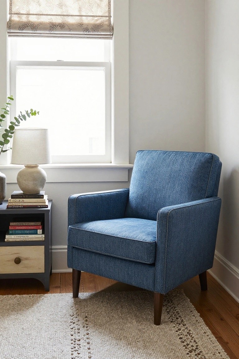 Blue denim armchair in a corner of a light gray room next to a window, with a dark wood side table holding stacked books and a white ceramic lamp.