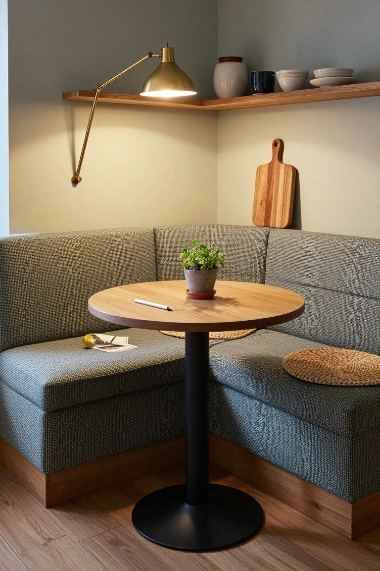 Light gray upholstered L-shaped corner booth seating around a round oak pedestal table with black base, potted green plant and woven placemats on table, gold adjustable lamp above, wooden shelves with pottery and cutting board on wall.