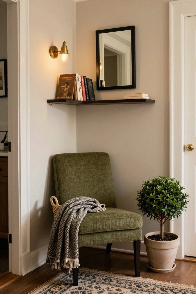 Green velvet armchair in a beige room corner with draped gray throw, floating wood shelf holding books and flanked by black-framed mirror, brass wall sconce lit, potted boxwood plant beside chair, on wood floor with Persian-style rug.