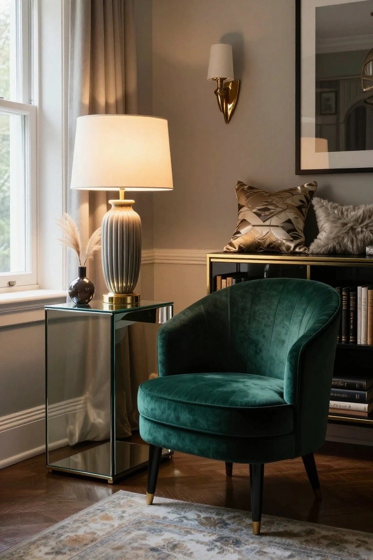 Curved emerald green velvet armchair beside a gold-trimmed glass side table with a white lamp, pampas grass, and vase, next to black metal bookshelves in a beige room with window, wall sconce, and patterned pillows.