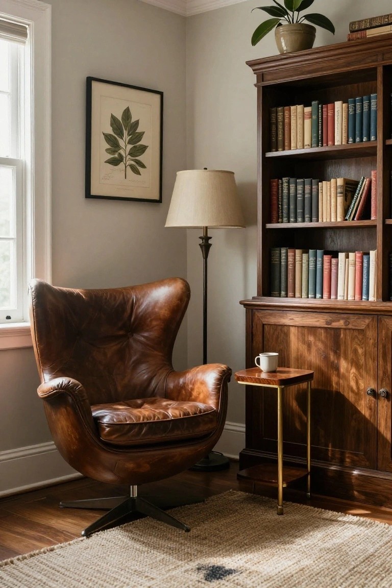 Brown leather swivel wingback armchair in room corner next to tall wooden bookshelves filled with colorful books, brass side table with white mug, beige floor lamp, potted plant on top shelf, and botanical print on wall in pale gray room with hardwood floor and seagrass rug.