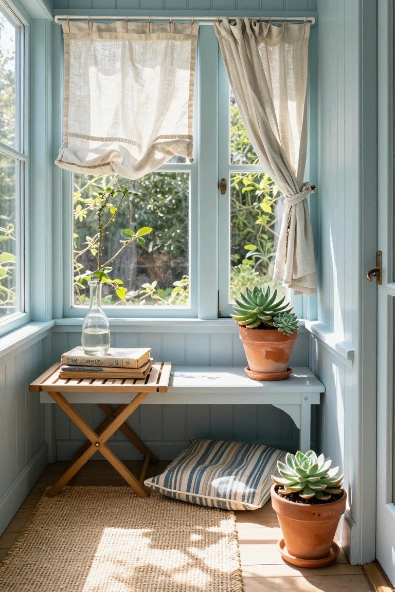 Blue sunroom corner with cushioned bench, wooden folding table holding stacked books, potted succulents, glass vase with branch, and sheer curtains on multi-pane windows overlooking garden.
