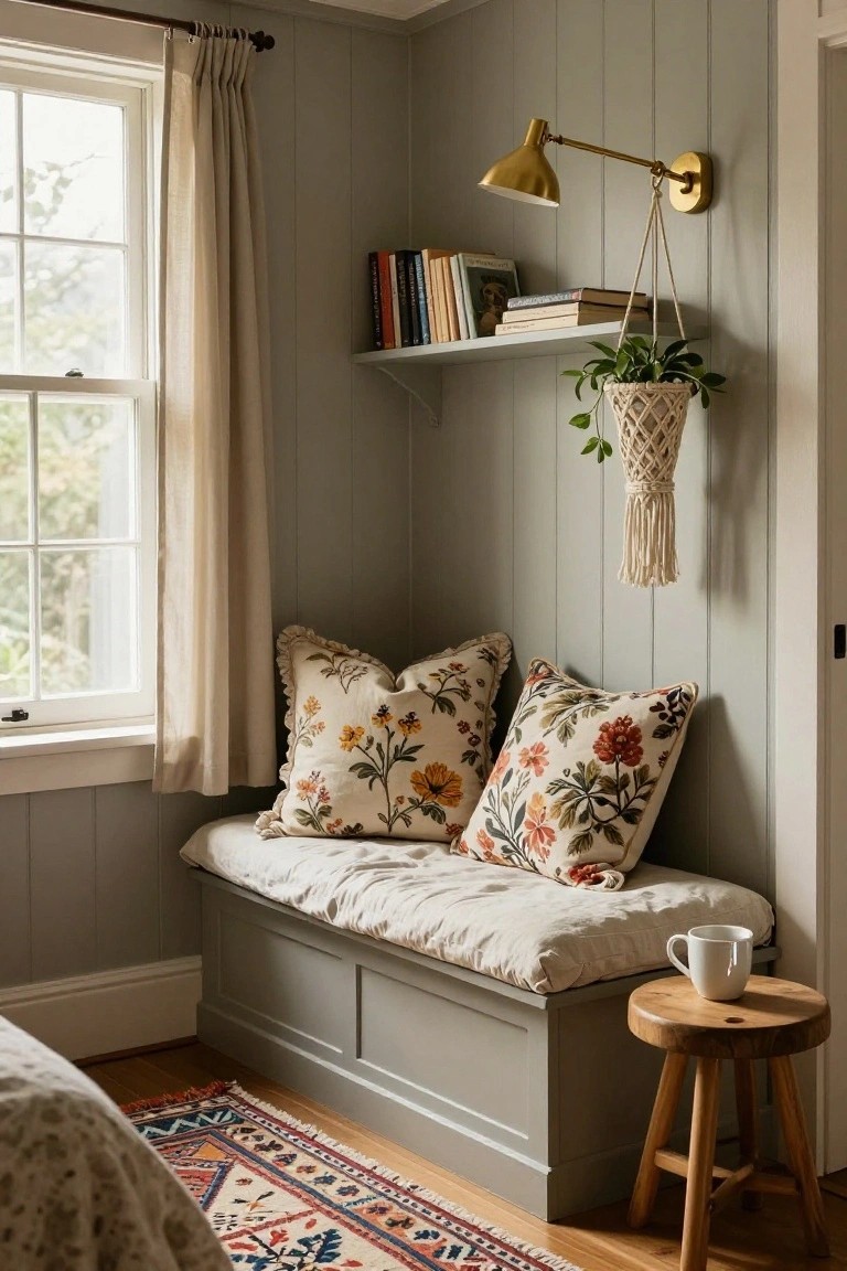 Sage green vertical paneled interior corner with built-in window bench topped by floral cushions and linen bedding, bookshelves and hanging plant above, brass wall lamp, small wooden stool holding white mug, and patterned rug on wood floor.