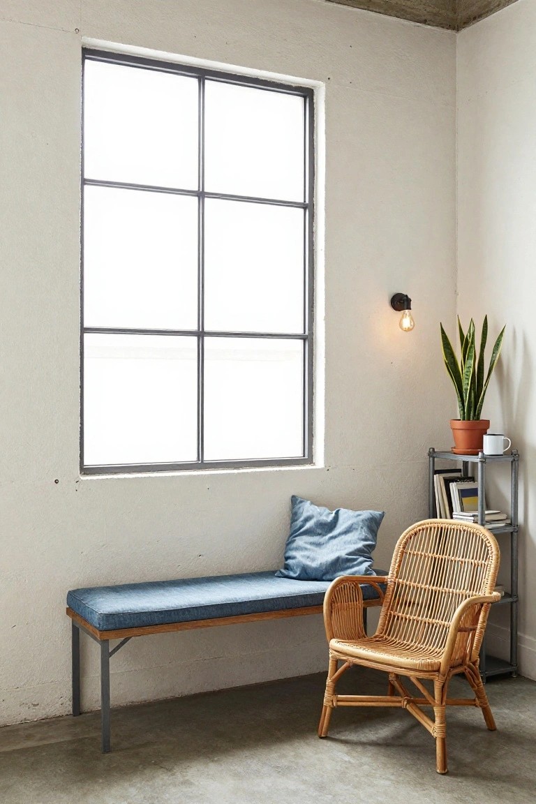 Small room corner with blue cushioned bench under large metal-framed window divided into six panes, rattan armchair beside metal shelf holding books and potted snake plant, wall light above plant, concrete floor and white walls.
