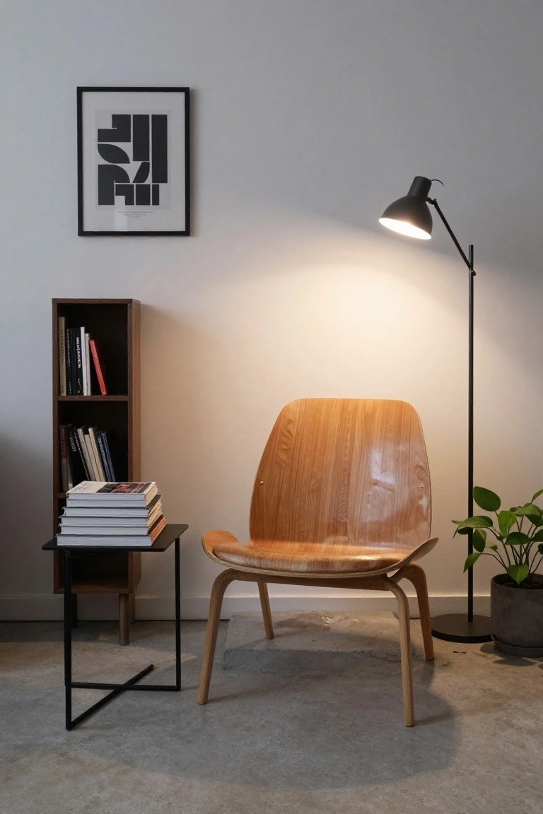 A curved wooden armchair sits in a light gray room next to a black metal side table with stacked books, a wooden bookshelf, a black floor lamp, and a potted plant in a gray pot.
