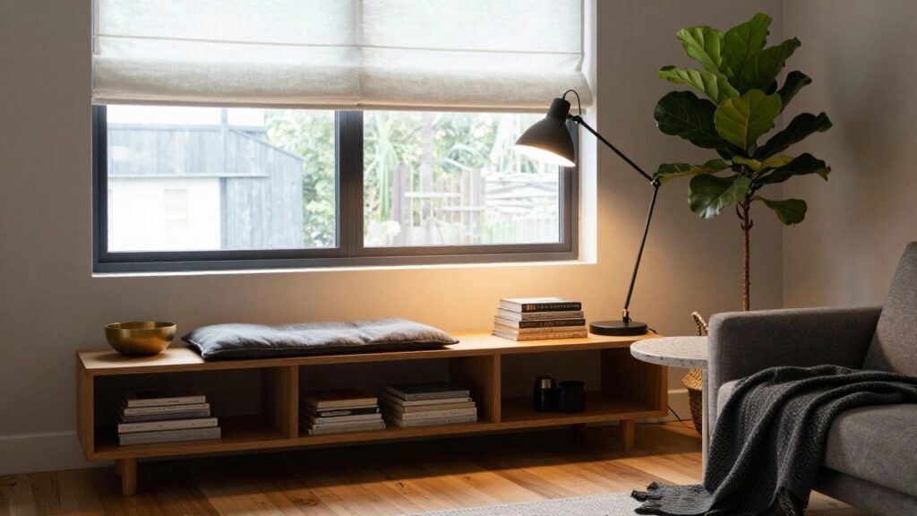 Indoor corner with light wood console table holding stacked books and black gooseneck lamp, tall fiddle leaf fig plant in basket, gray sofa cushion, concrete stool with gold bowl, sheer roller blind on window.
