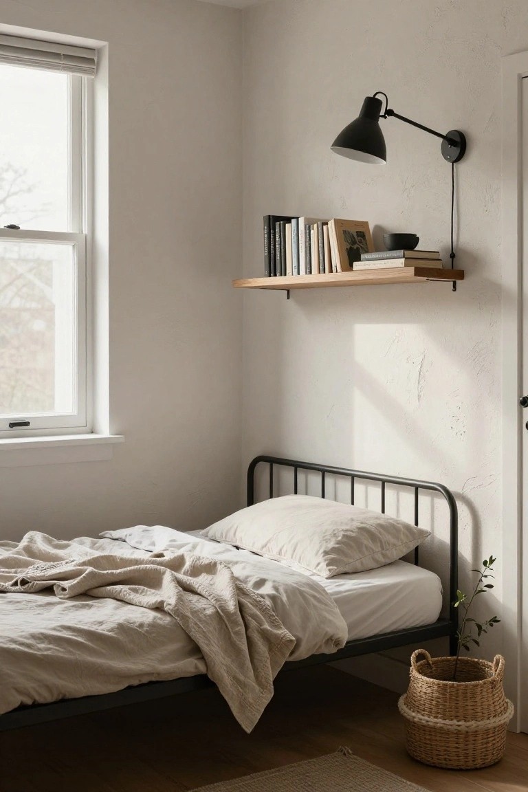 A small bedroom corner with a black metal bed covered in beige linens, a floating wooden shelf stocked with books above the bed, a black wall-mounted swing arm lamp, a window with blinds, and a woven basket on the floor.