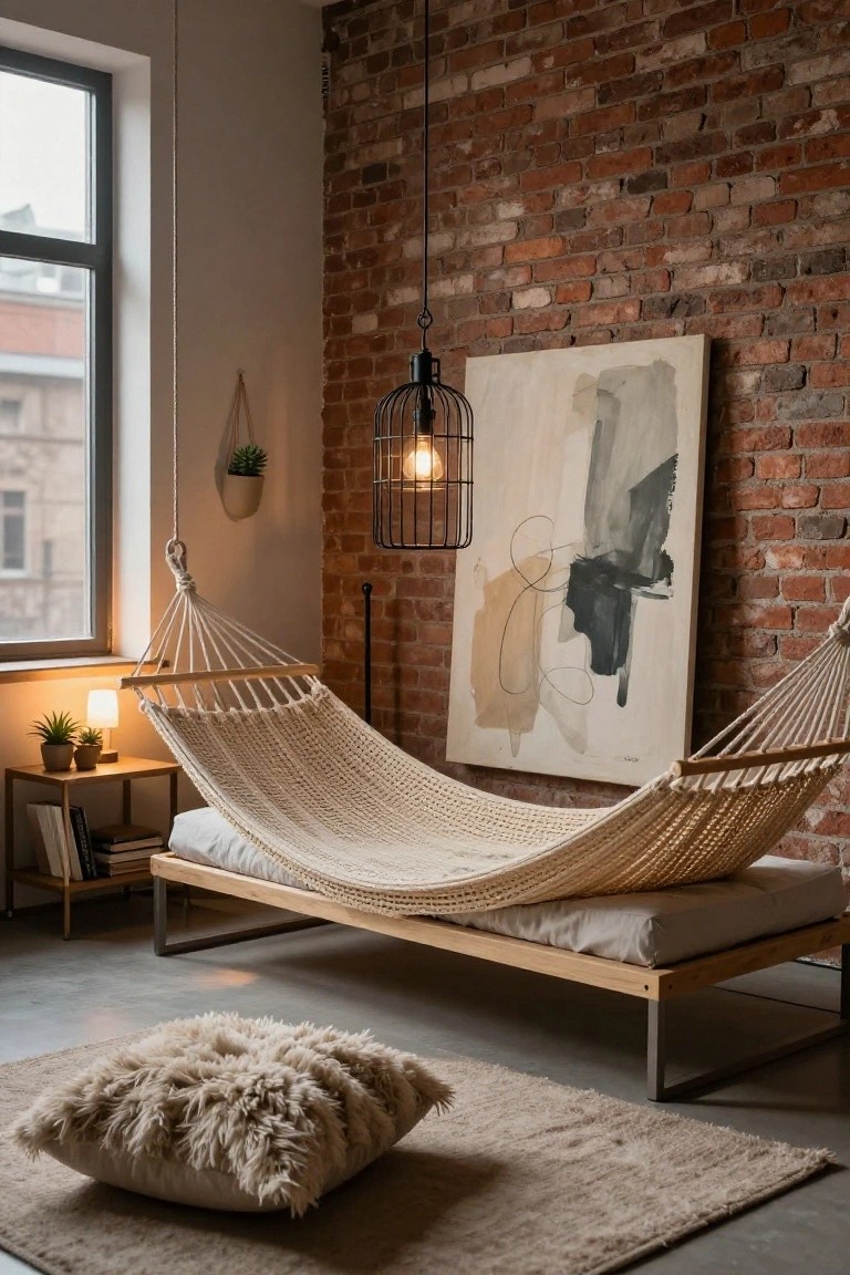 Indoor room corner with exposed brick walls, a white rope hammock suspended over a low wooden bed frame with white bedding, hanging pendant cage light, side table with lamp and plants, hanging plant pot, abstract wall art, and fluffy floor pillow on light wood floor.