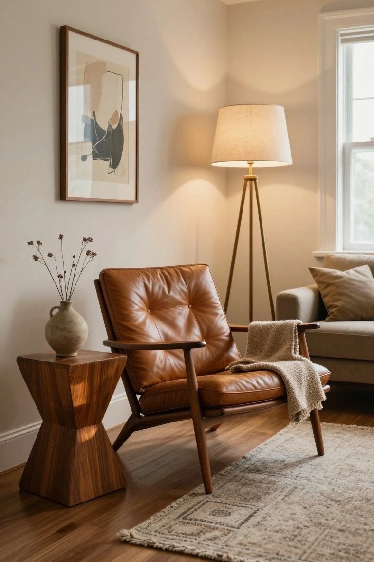 A light beige room corner with a tan button-tufted leather armchair draped in a cream throw, a wooden side table with a beige vase of dried flowers, a tall tripod floor lamp, framed abstract art on the wall, and a beige sofa nearby on hardwood floors with a woven rug.
