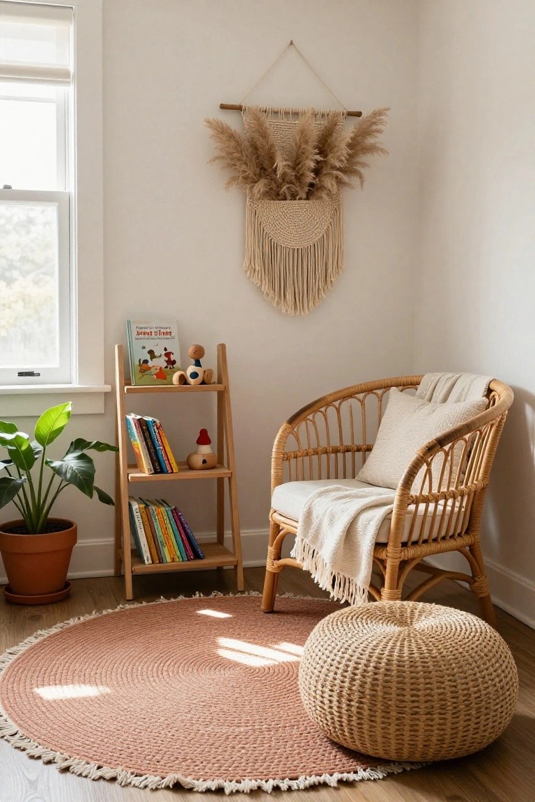 Small indoor corner with a rattan armchair draped in a white throw and pillow, a matching woven pouf, wooden ladder bookshelf holding colorful books and wooden toys, potted green plant, round pink fringed rug, and wall hangings of pampas grass and macrame near a window.