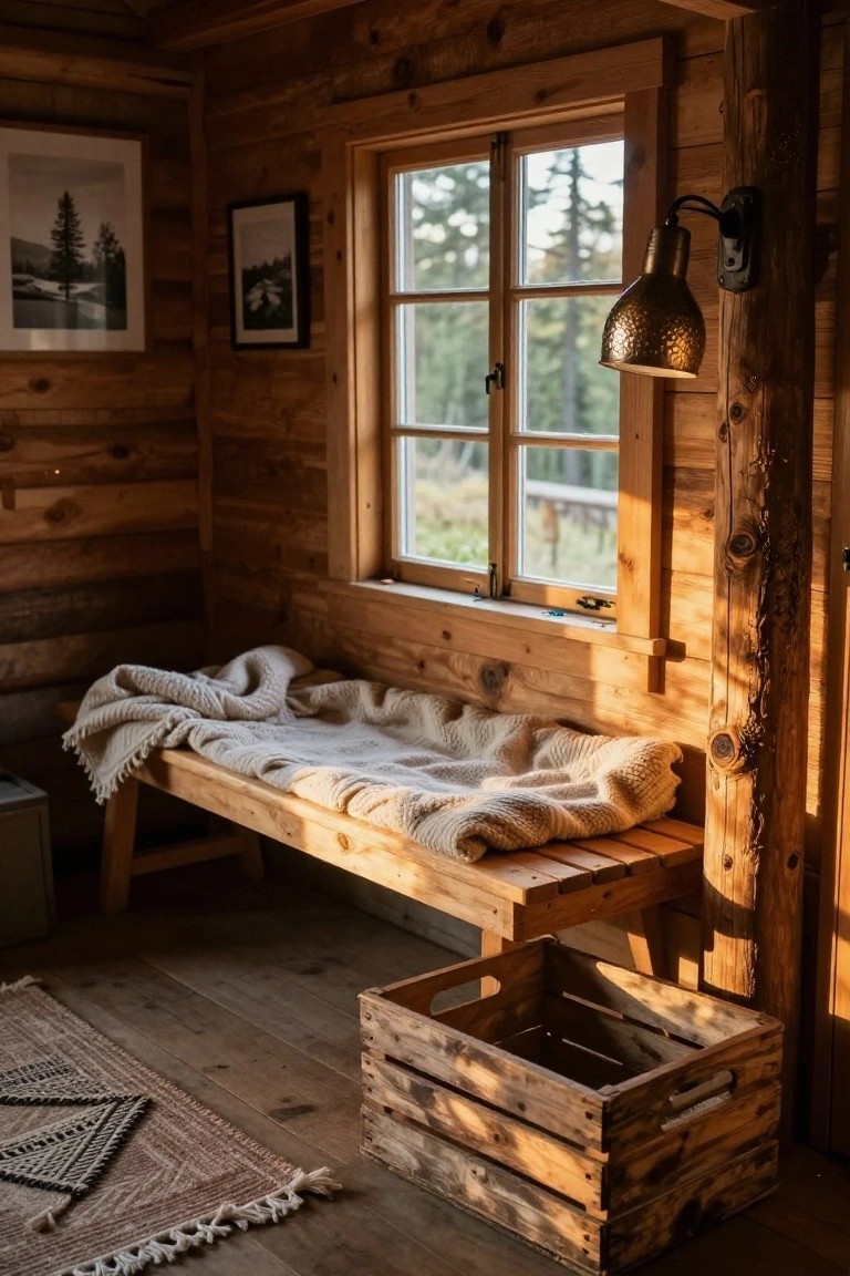 Wooden cabin interior with a bench covered in a light knit blanket positioned by a multi-pane window overlooking trees, a brass wall lamp mounted on a log post, and a wooden crate on the floor.
