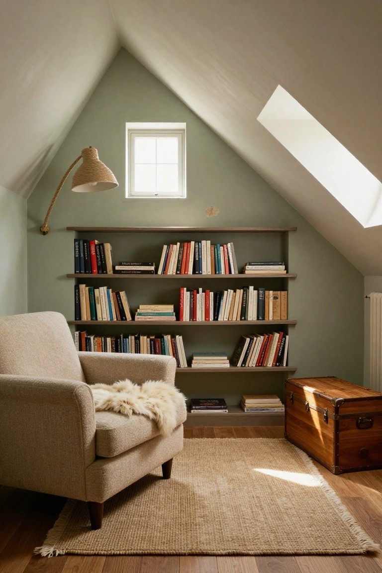 Attic room with sage green sloped walls lined by three tiers of wooden bookshelves filled with books, a cream fabric armchair with white sheepskin throw, rattan floor lamp by a small window, skylight above, wooden trunk, seagrass rug, and hardwood floor.