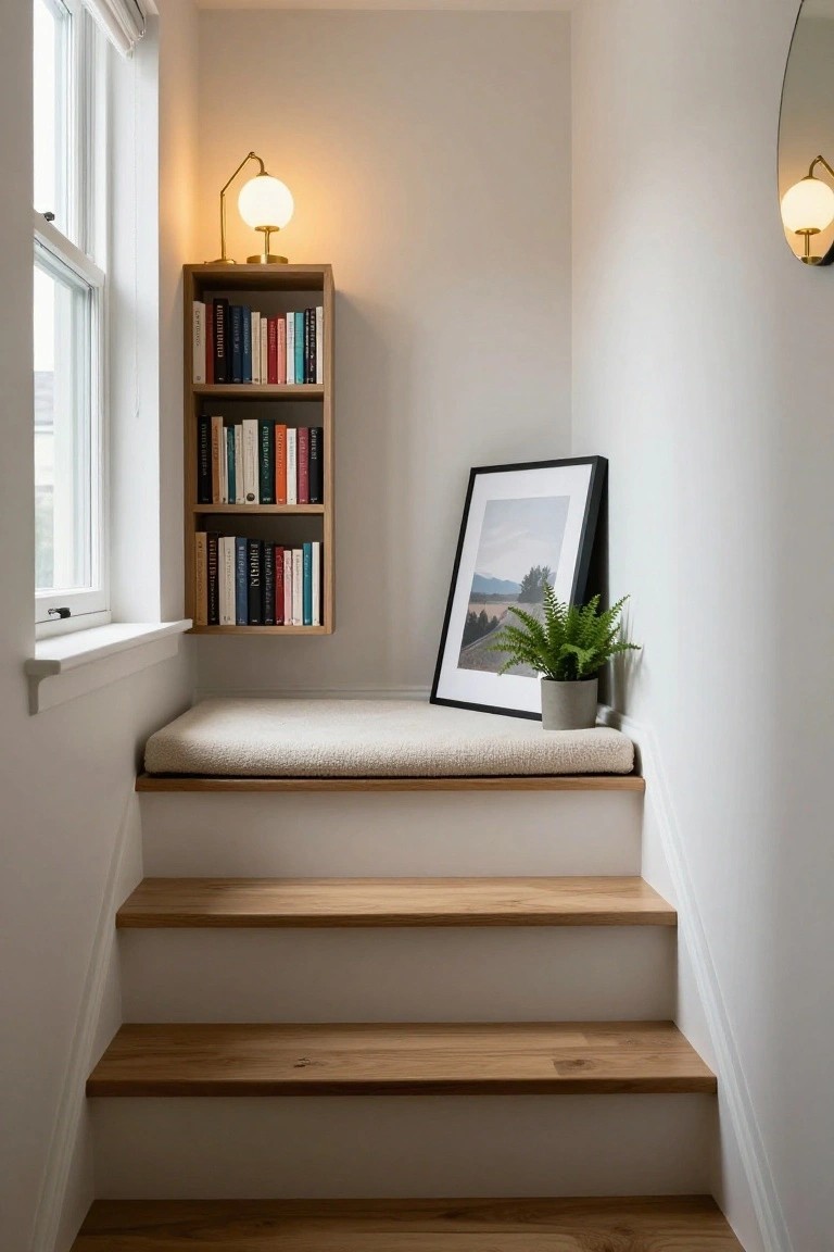 White stairwell with light oak treads, a beige cushioned bench on the landing by a window, wall-mounted oak bookshelf above filled with colorful books, potted fern, framed landscape photo, wall sconces, and round mirror.