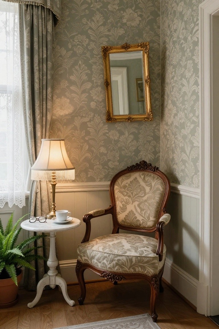 Sage green floral wallpapered room corner with beige upholstered armchair, white round side table holding fringed lamp, teacup, eyeglasses, and potted fern, gold-framed mirror on wall, sheer curtains at window.