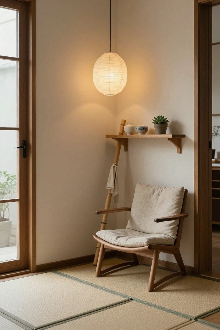 A small indoor corner with beige tatami floor mats, low wooden armchair with cream cushions, hanging white paper lantern, wooden shelf holding a plant pot, ceramics, and rolled scroll, near wooden sliding doors with plants outside.