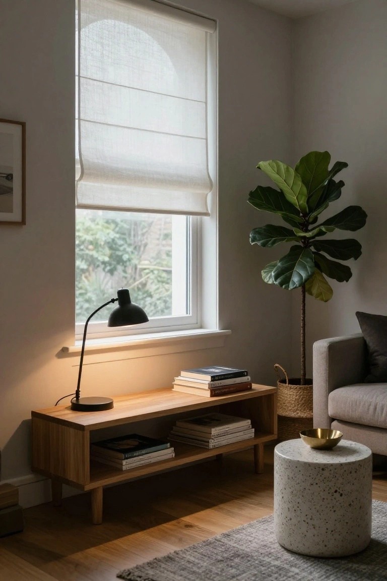 Indoor corner with light wood console table holding stacked books and black gooseneck lamp, tall fiddle leaf fig plant in basket, gray sofa cushion, concrete stool with gold bowl, sheer roller blind on window.