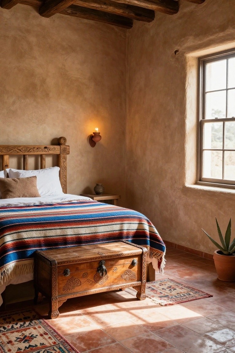 Bedroom with beige textured adobe walls, terracotta tile floor, carved wooden bed with white sheets and colorful striped blanket, wooden chest at foot of bed, small table, wall sconce, window, and potted plant.
