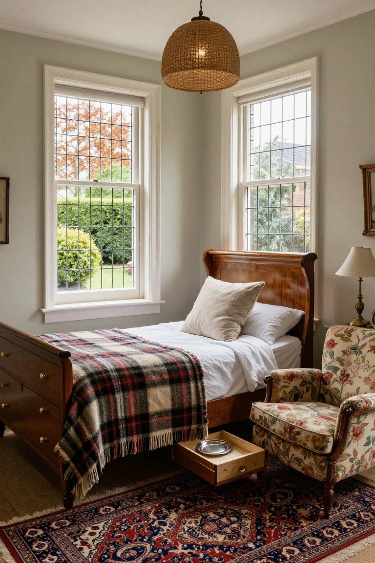 Classic Wooden Bed with Plaid Throw