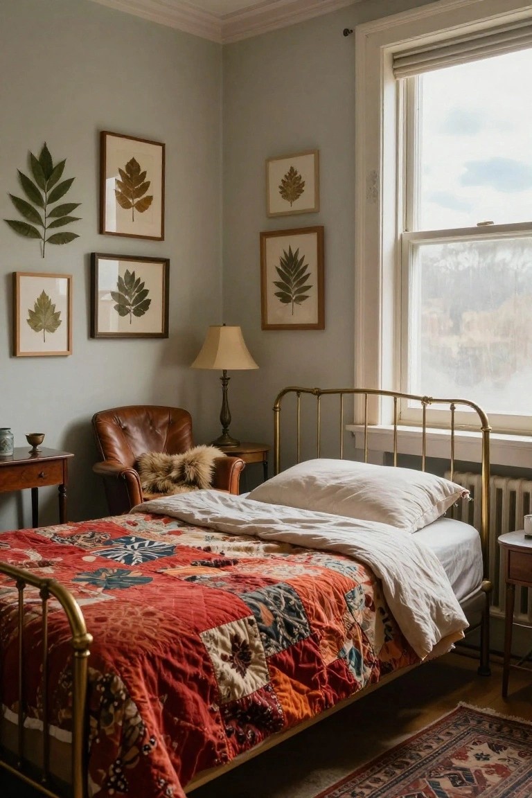 A bedroom with pale green walls, a brass single bed covered in a red and multicolored patchwork quilt and white sheets, framed pressed leaf artwork, a leather armchair with fur throw, a lamp on a side table, and a window overlooking trees with a radiator below.