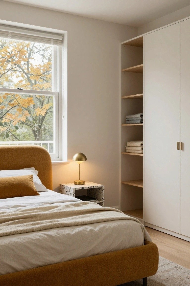 Bedroom with mustard orange upholstered bed frame, white pillow and beige throw, gold lamp on speckled side table, tall white wardrobe with open wood shelves holding folded gray and beige towels, large window showing yellow fall tree, neutral walls and light wood floor.