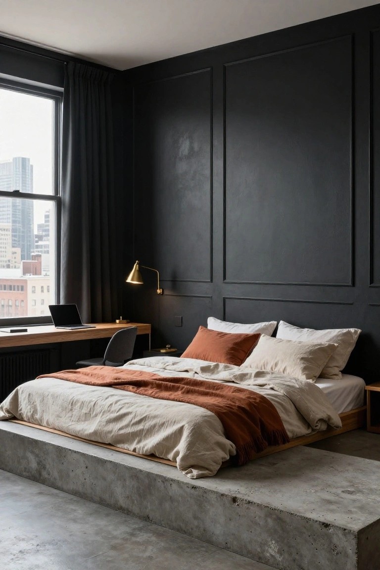 Modern bedroom with black paneled walls, low wooden platform bed covered in beige linens and terracotta throw, wooden desk with laptop and chair, brass wall lamp, and large window showing city skyline.