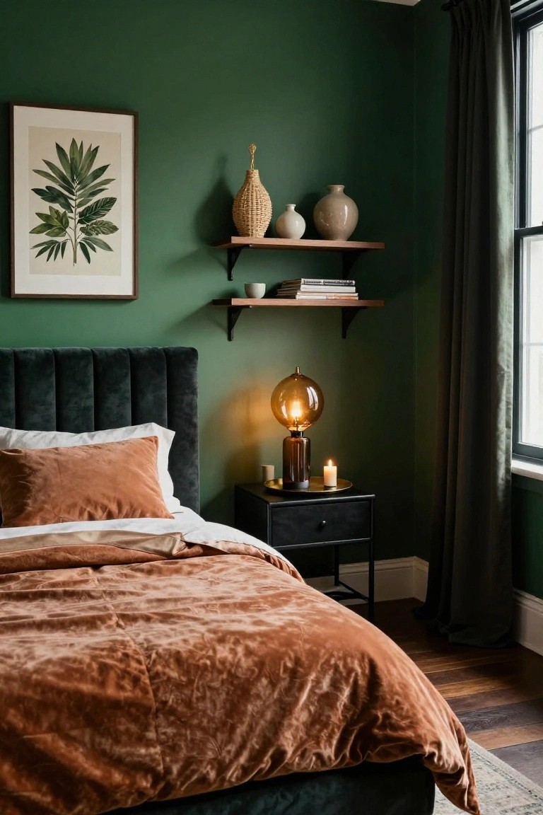 Bedroom corner featuring deep green walls, tufted green velvet headboard with terracotta pillows and duvet on a bed, black metal nightstand with amber lamp and candle, floating shelves with vases and books, and a tall window with dark gray curtains.