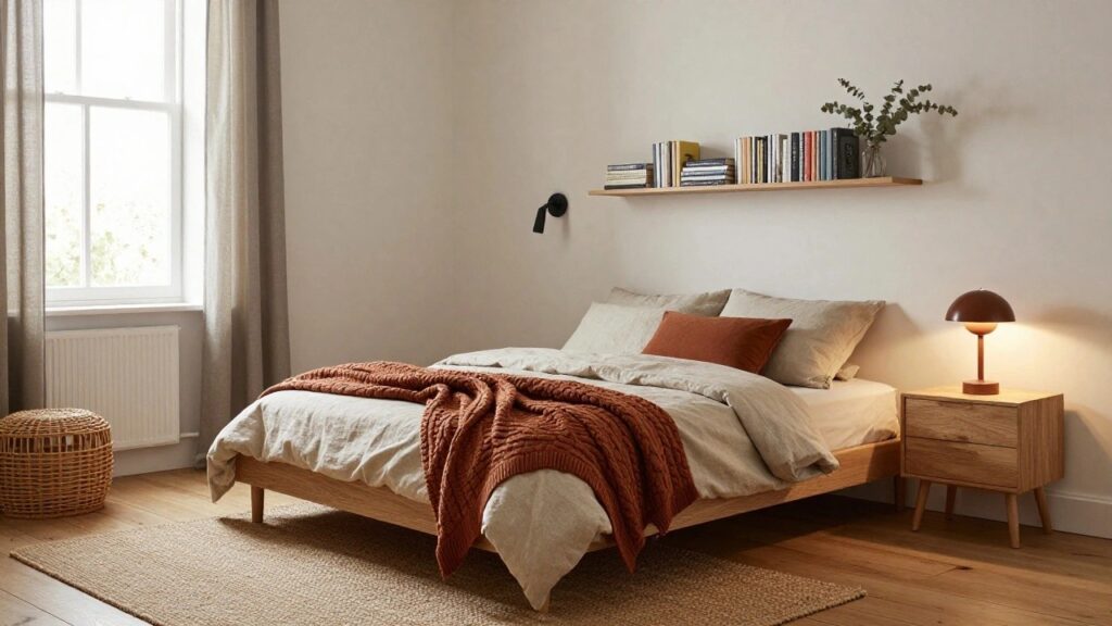 Bedroom corner with oak bed frame, white linen bedding, rust knit throw and pillows, terracotta mushroom lamp on wooden nightstand with books, round rattan mirror on beige wall, sheer window curtain, and seagrass rug on wood floor.