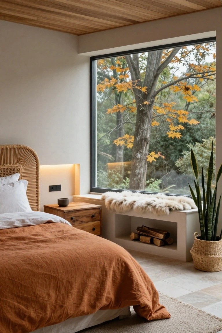 Cozy bedroom interior with rattan headboard bed covered in terracotta linens and white sheets, wooden nightstand, light wood ceiling, large floor-to-ceiling black-framed window overlooking autumn trees, window bench with sheepskin rug and firewood shelf, potted snake plant nearby.