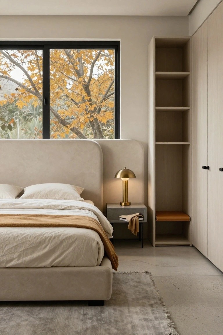 Neutral Bedroom with Autumn Tree Views