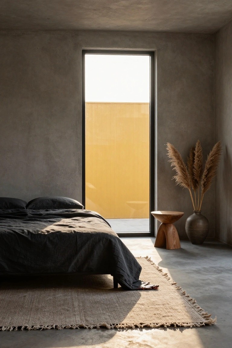 Minimalist bedroom featuring textured gray walls and concrete floor, a low bed with dark gray linens and jute rug, wooden stool holding pampas grass in vase, and large black-framed window revealing yellow exterior wall with sunlight streaming in.
